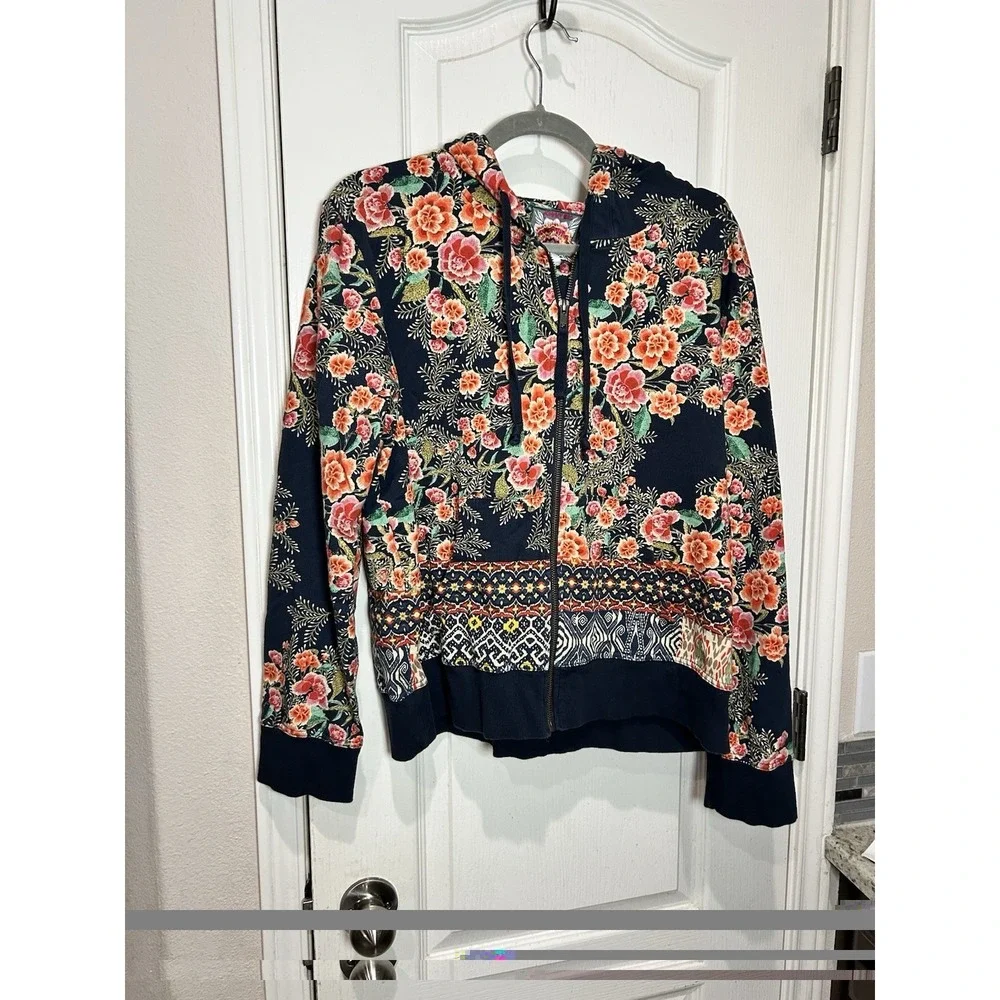 Johnny Was AZTEC FLOWER MODERN ZIP UP HOODIE Sz L Boho Floral - Picture 1 of 5